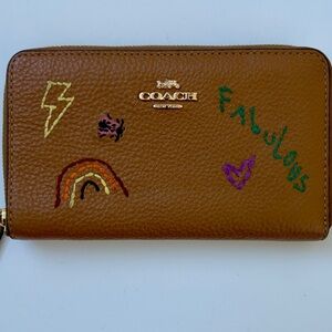 Coach Tan Leather Wallet with Colorful Embroidery